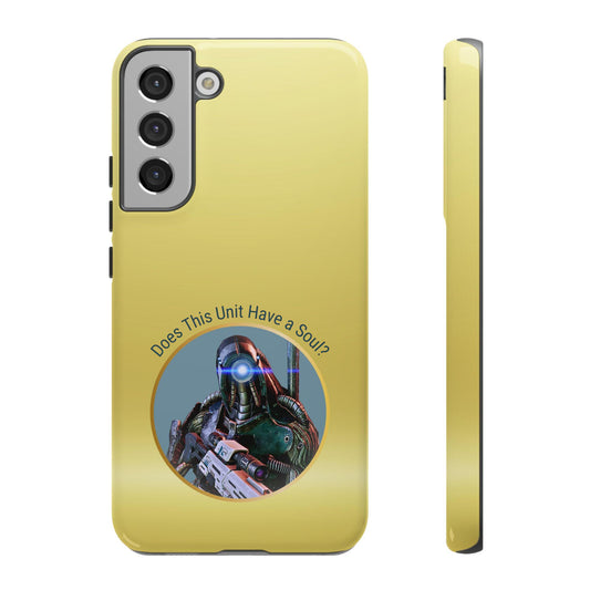 Phone case featuring Legion from Mass Effect with the quote "Does This Unit Have a Soul" in a circular frame with gold trim.