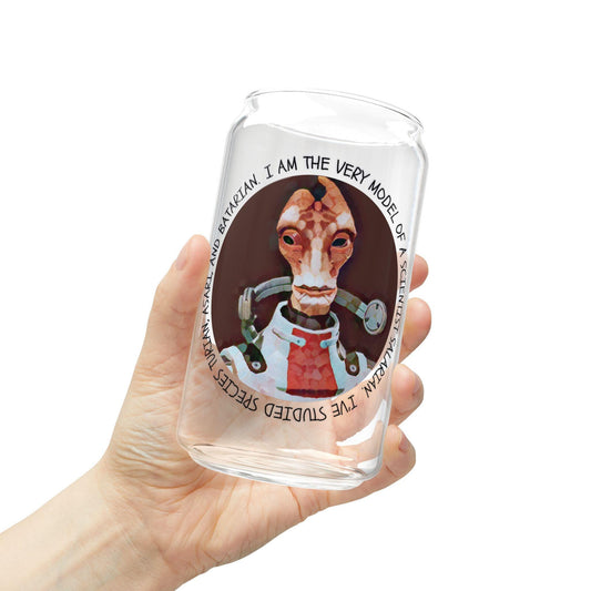 16oz glass cup featuring Mordin Solus from Mass Effect with the quote “I am the very model of a scientist Salarian” in purple sci-fi font wrapping around the artwork.