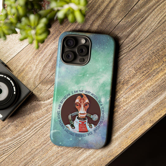 Phone case featuring Mordin Solus from Mass Effect in watercolor style on a starry space background with his iconic scientist salarian quote