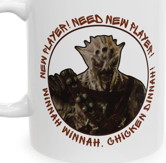 11 Ounce white ceramic mug featuring a detailed Vorcha character from Mass Effect with the quote “NEW PLAYER! NEED NEW PLAYER! WINNAH WINNAH, CHICKEN DINNAH!” encircling the design in bold gamer font.