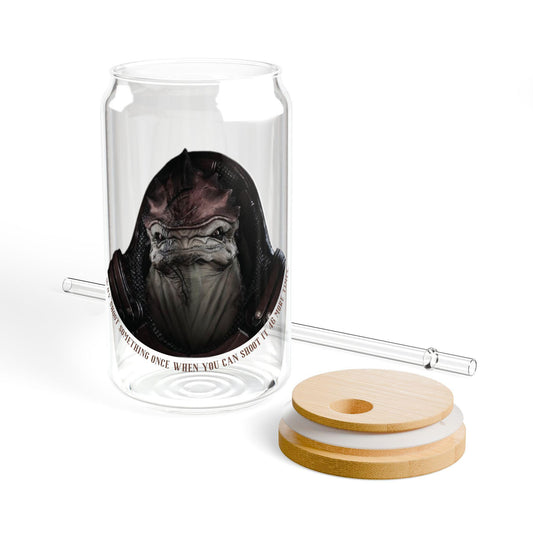 16oz clear glass featuring a portrait of Wrex from Mass Effect with the quote “Why shoot something once when you can shoot it 46 more times” in curved text below.