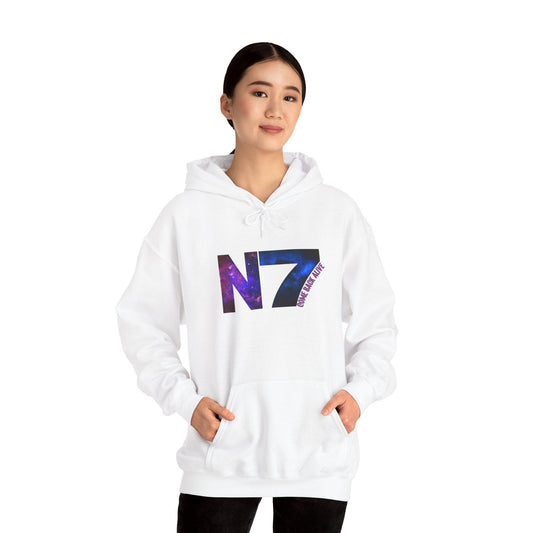 A unisex hooded sweatshirt featuring a bold N7 graphic and the phrase "Come Back Alive," inspired by the Mass Effect universe. Made from a soft, cozy blend of cotton and polyester, with a classic fit, spacious pouch pocket, and durable double-lined hood. Perfect for gamers, sci-fi fans, and RPG enthusiasts.