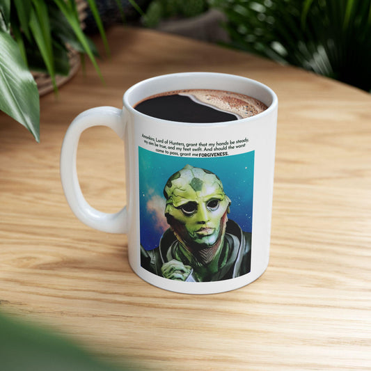 A white ceramic coffee mug featuring an illustration of Thane Krios from Mass Effect against a starry background. Above the image is a quote of his prayer to Amonkira, Lord of Hunters.