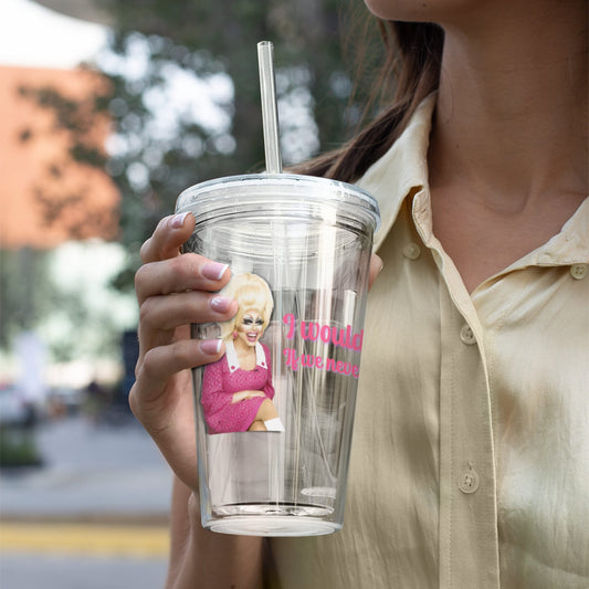 Iconic Trixie Mattel and Katya 16 oz Clear Plastic Tumbler with Straw featuring a humorous Denise Richards Quote. Perfect gift for Drag Race fans and LGBTQ+ enthusiasts. Dishwasher-safe and reusable straw included.