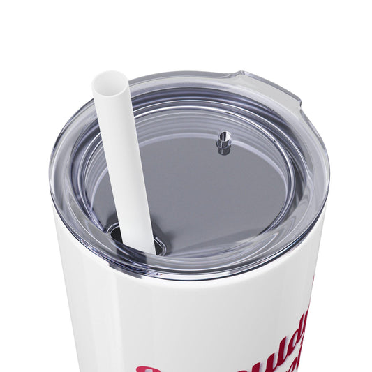 A 20oz slim matte tumbler with a press-on lid and straw featuring Trixie Mattel and a quote about Denise Richards on a pink background