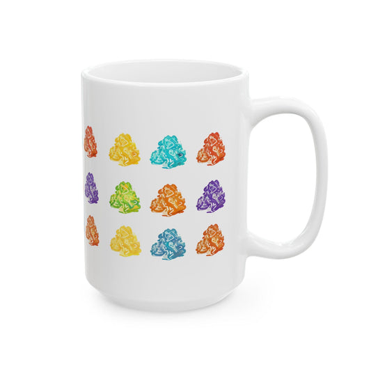 A ceramic mug featuring a colorful cannabis nugs, each with a unique texture and artistic detailing. The vibrant marijuana-themed design stands out against the glossy white ceramic surface, making it a perfect 420-friendly gift for coffee and tea lovers. Available in 11oz and 15oz sizes with a sturdy C-handle for easy grip.