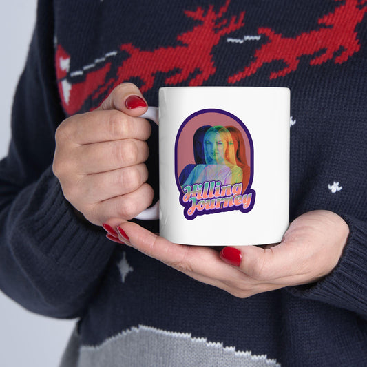 White ceramic mug featuring a colorful triple-exposure image of Whitney Rose and the phrase “Hilling Journey” in retro lettering, referencing her famous RHOSLC quote.