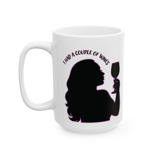 Silhouette of a Darcey from 90 Day Fiancé with long hair holding a wine glass, outlined in pink neon with the phrase “I had a couple of wines” above her head on a white ceramic mug