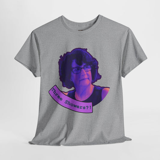 A unisex heavy cotton t-shirt featuring Lucille, Greg’s mom from 90 Day Fiancé, reacting to Joan’s three-shower-a-day habit. Made from 100% ethically sourced US cotton (Gildan 5000), this durable and comfortable tee has a classic fit with a crew neckline. Available in white, sport gray, antique cherry, dark chocolate, gold, and light blue. Perfect for reality TV fans, meme lovers, and 90 Day Fiancé enthusiasts.