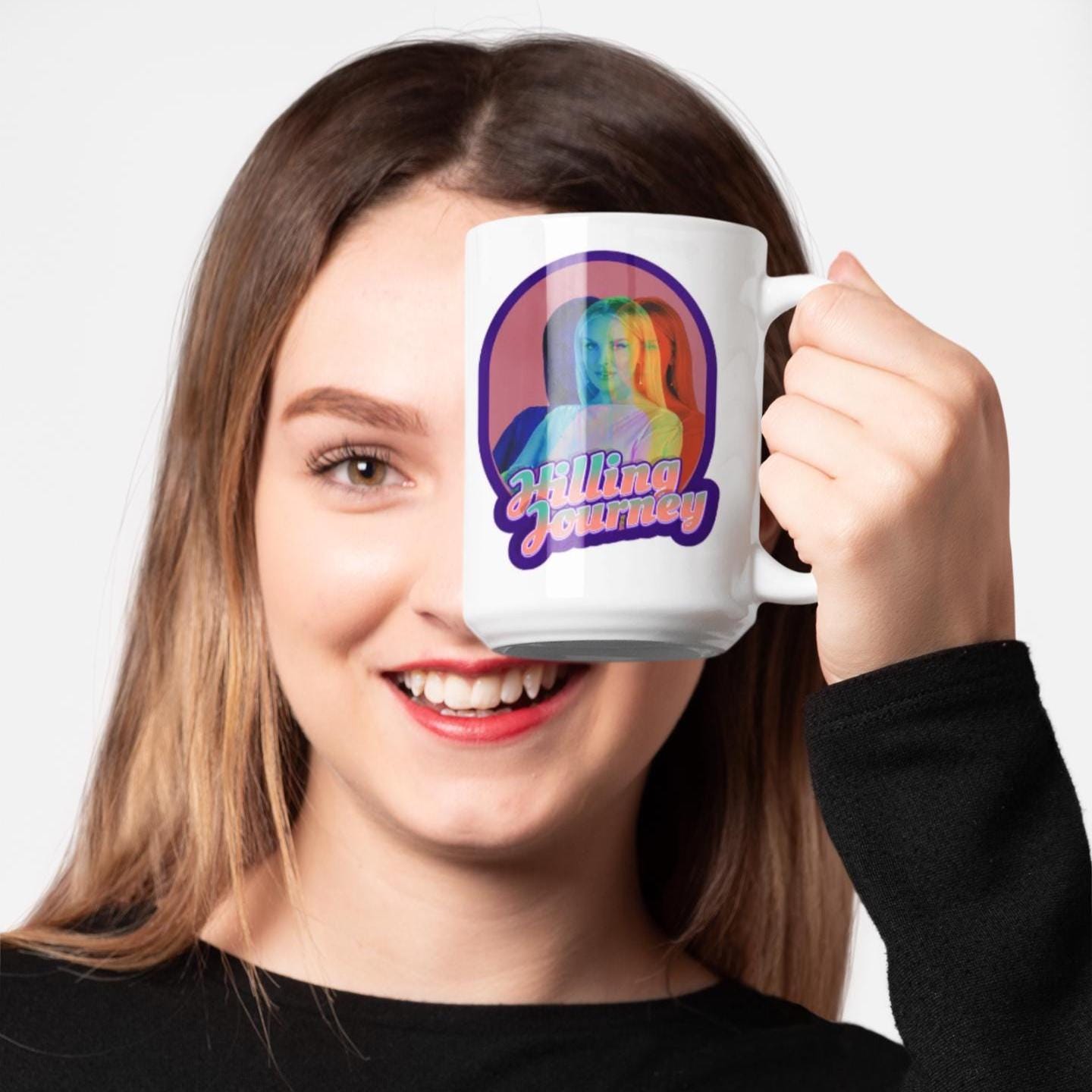 White ceramic mug featuring a colorful triple-exposure image of Whitney Rose and the phrase “Hilling Journey” in retro lettering, referencing her famous RHOSLC quote.
